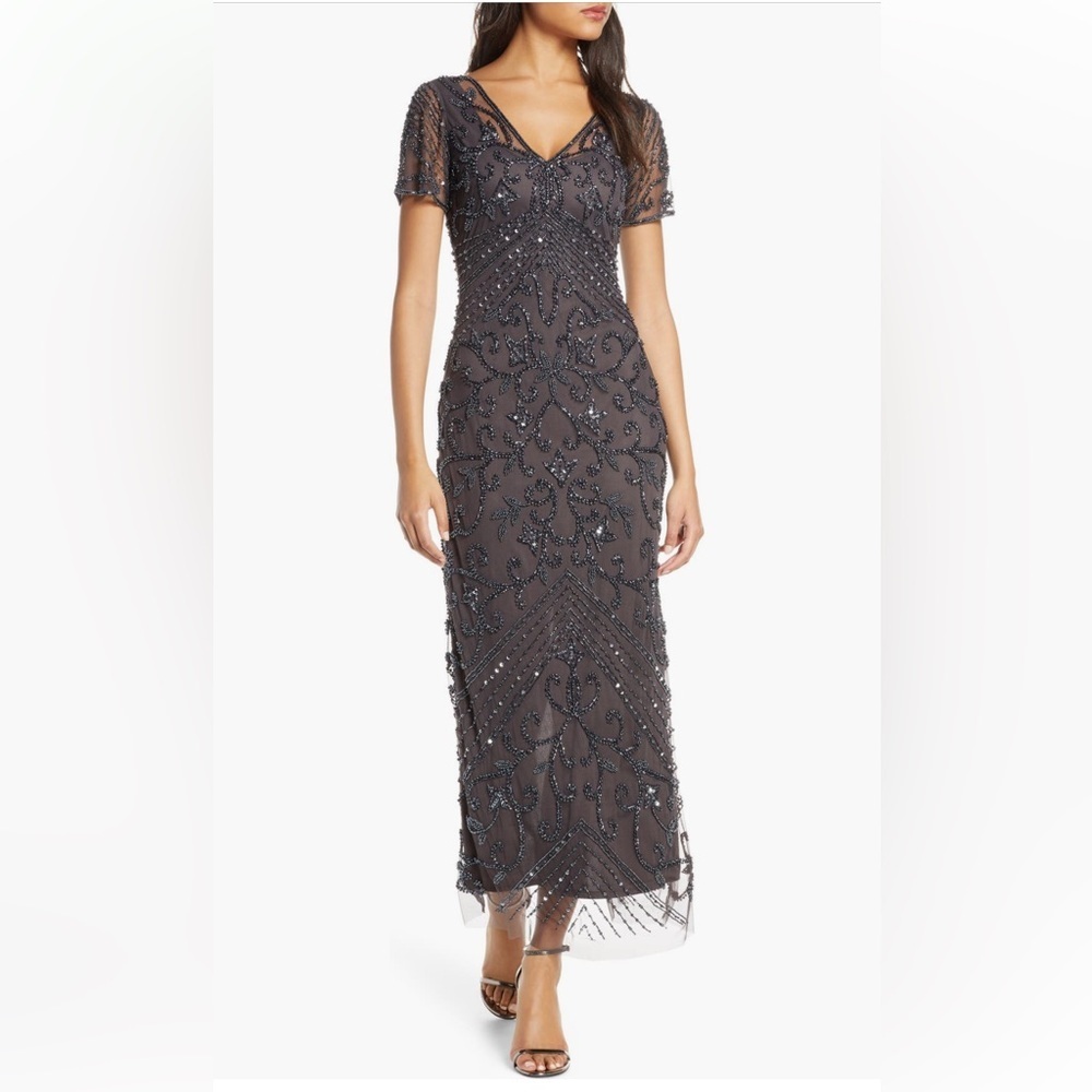 Pisarro Nights Beaded Mesh Column Gown in Slate Size 12 Elegant Evening Dress